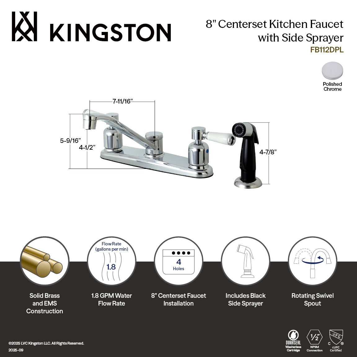 Kingston Tulare FB112DPL - Paris Two-Handle 4-Hole 8" Centerset Kitchen Faucet with Side Sprayer, Polished Chrome — thumbnail 3